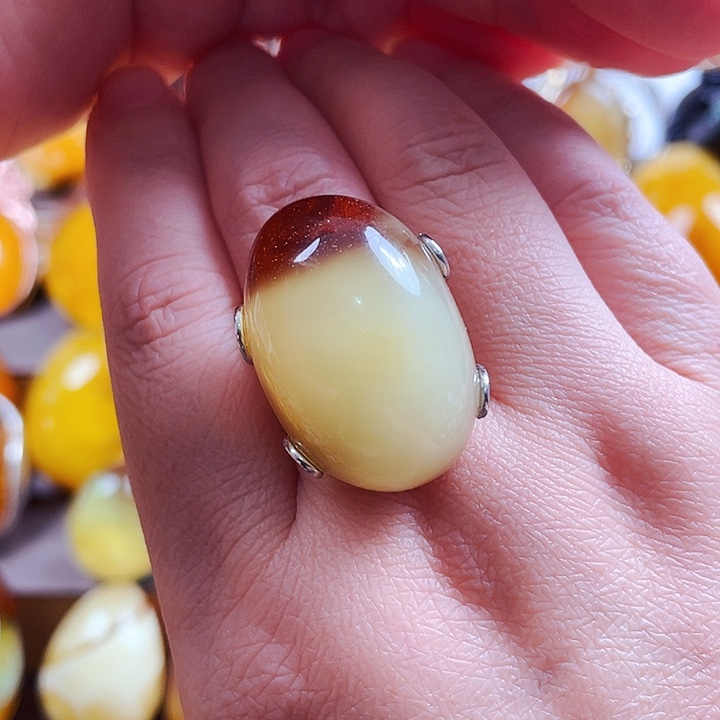 琥珀戒指银S925镶嵌戒指