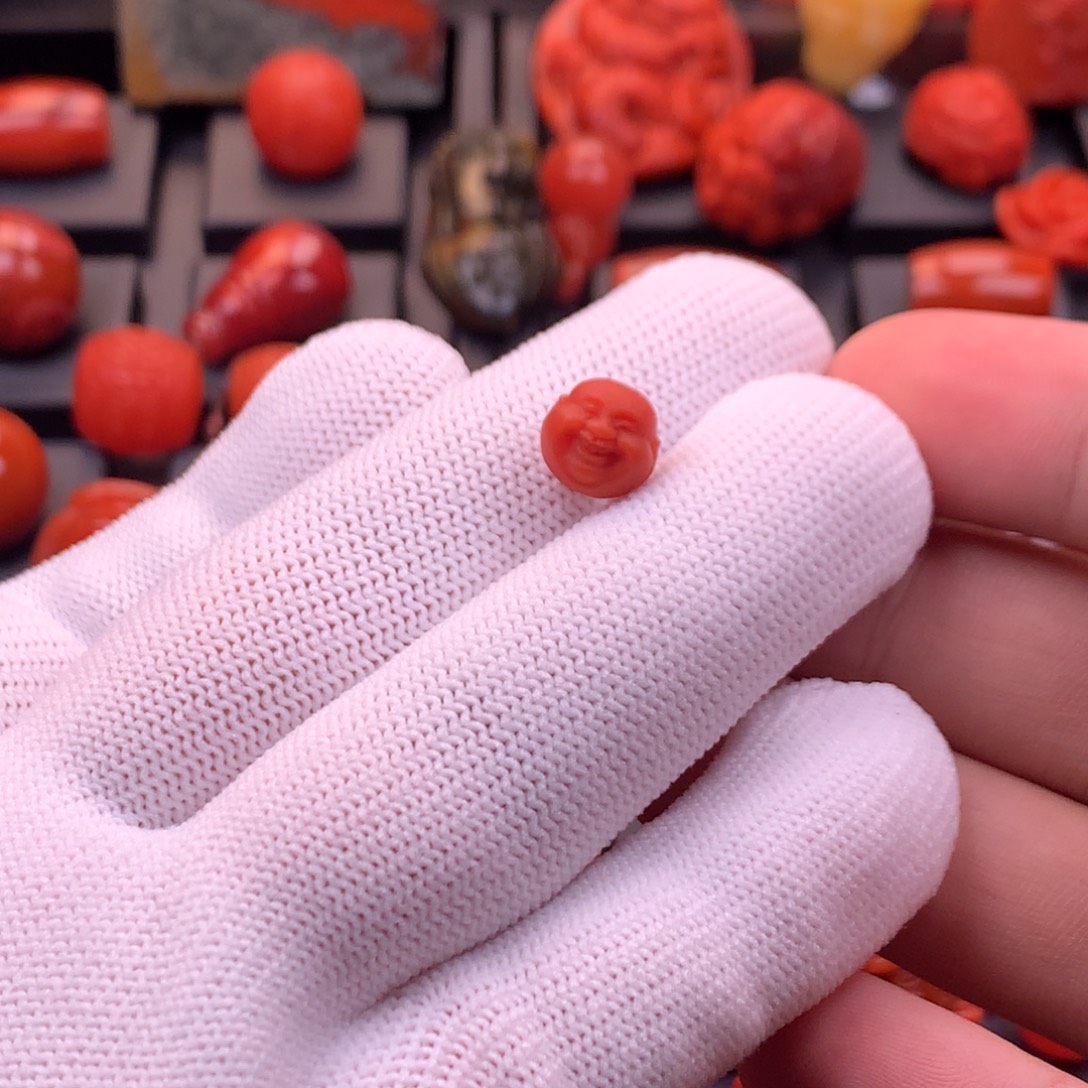 南红玛瑙未镶嵌精工雕刻柿子红弥勒佛头9.4mm