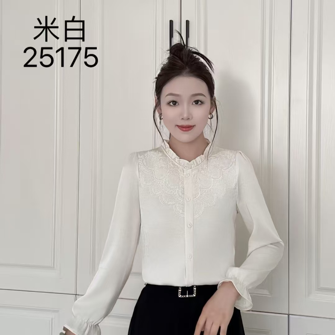 25175秋季刺绣花边套头木耳领秋季纯色衬衫打底拼接小衫衬衣女