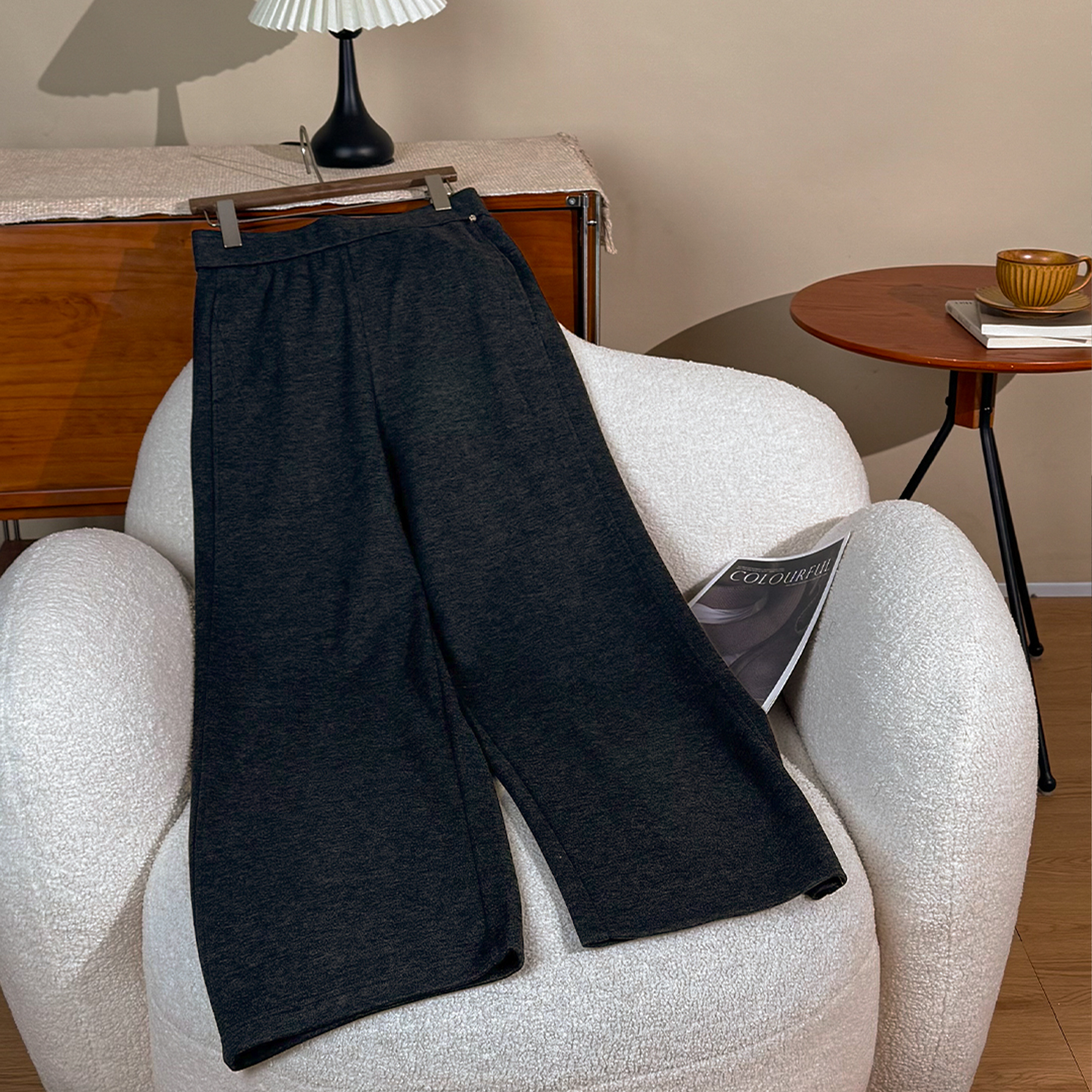 COCOAmador 羊绒桑蚕丝加厚显瘦松紧腰休闲阔腿长裤女1017