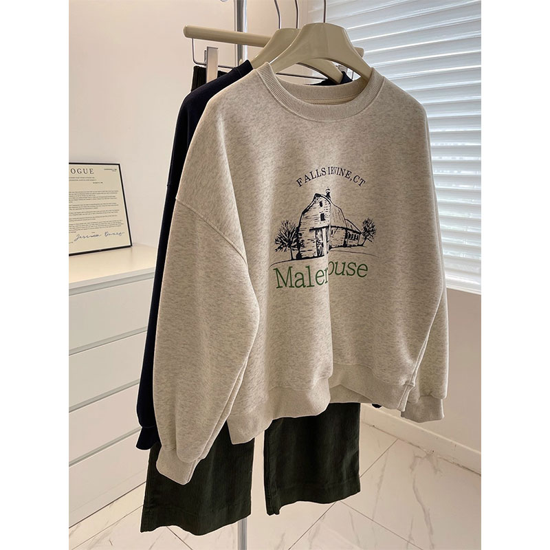 大码宽松无帽女学生卫衣秋季新款胖mm复古印花设计感上衣服20