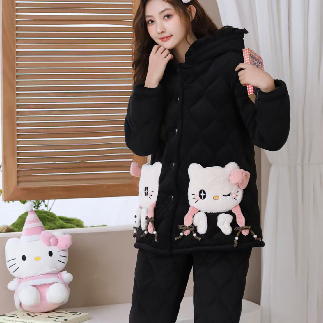 短款黑色KT猫亲子加厚长款冬季加厚保暖家居服