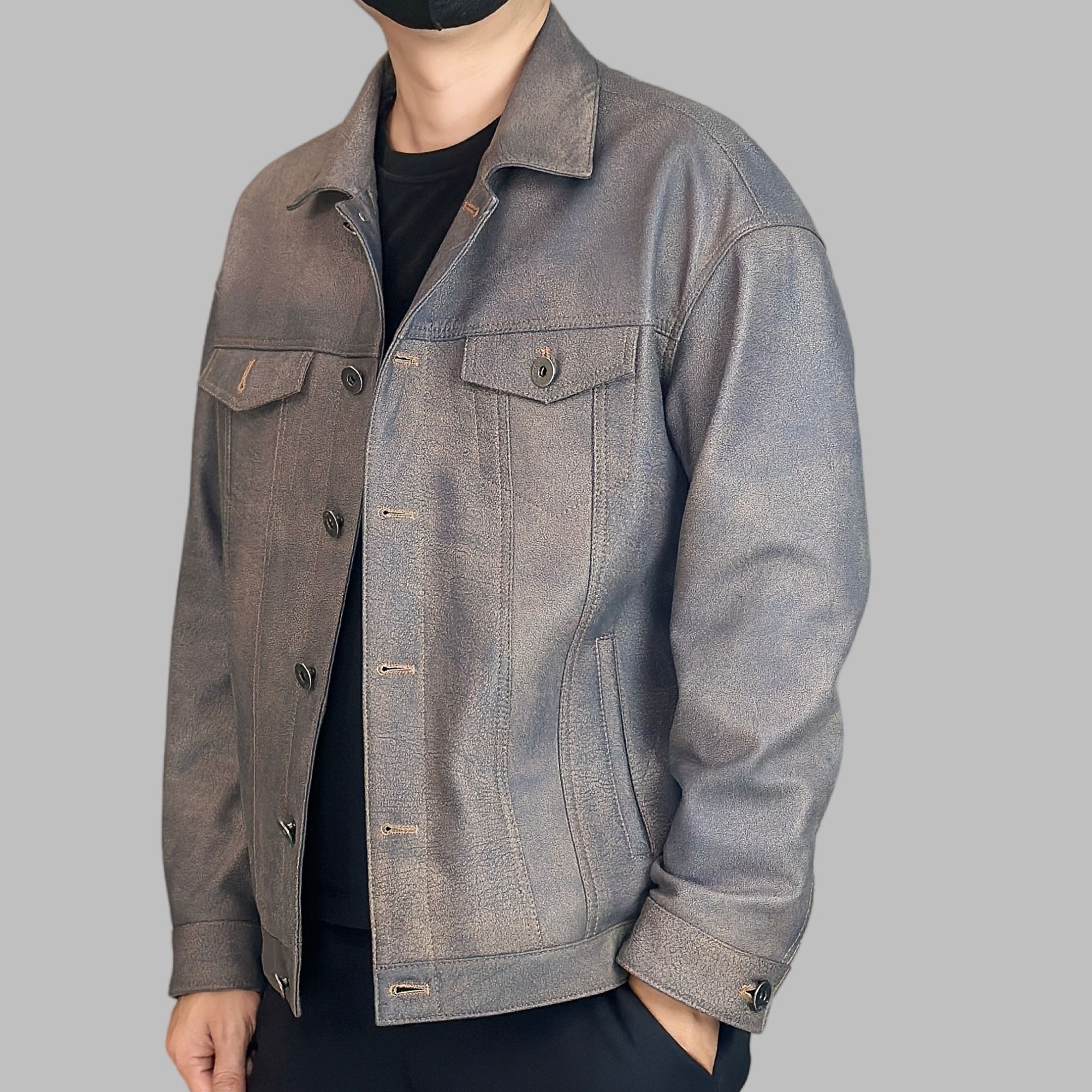 62男士头层小牛皮牛仔款复古夹克春秋休闲时尚牛皮翻领皮夹克