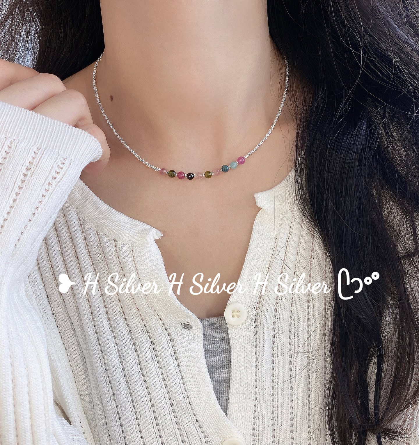 链子925银 彩珠三角碎银串联锁骨项链38+5 DY5776时尚文艺气质