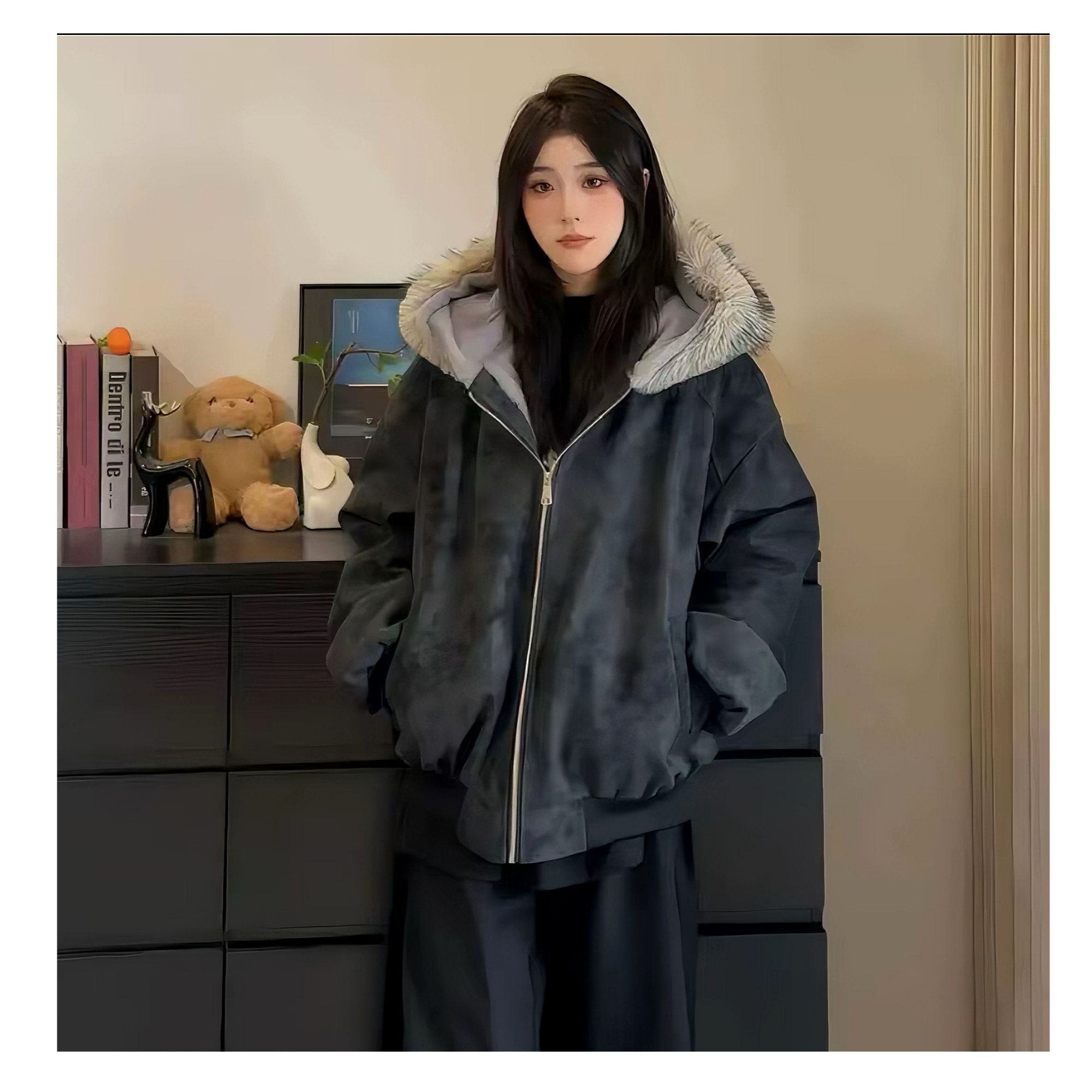 冬季新款PU皮座山雕棉服男女同款加厚加绒1500G仿兔毛情侣装棉衣