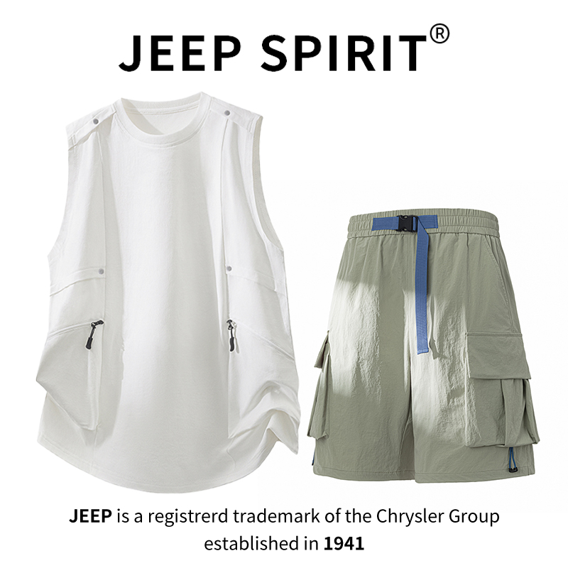 JEEPSPIRIT吉普工装背心短裤运动套装男夏季宽松大码户外休闲潮流