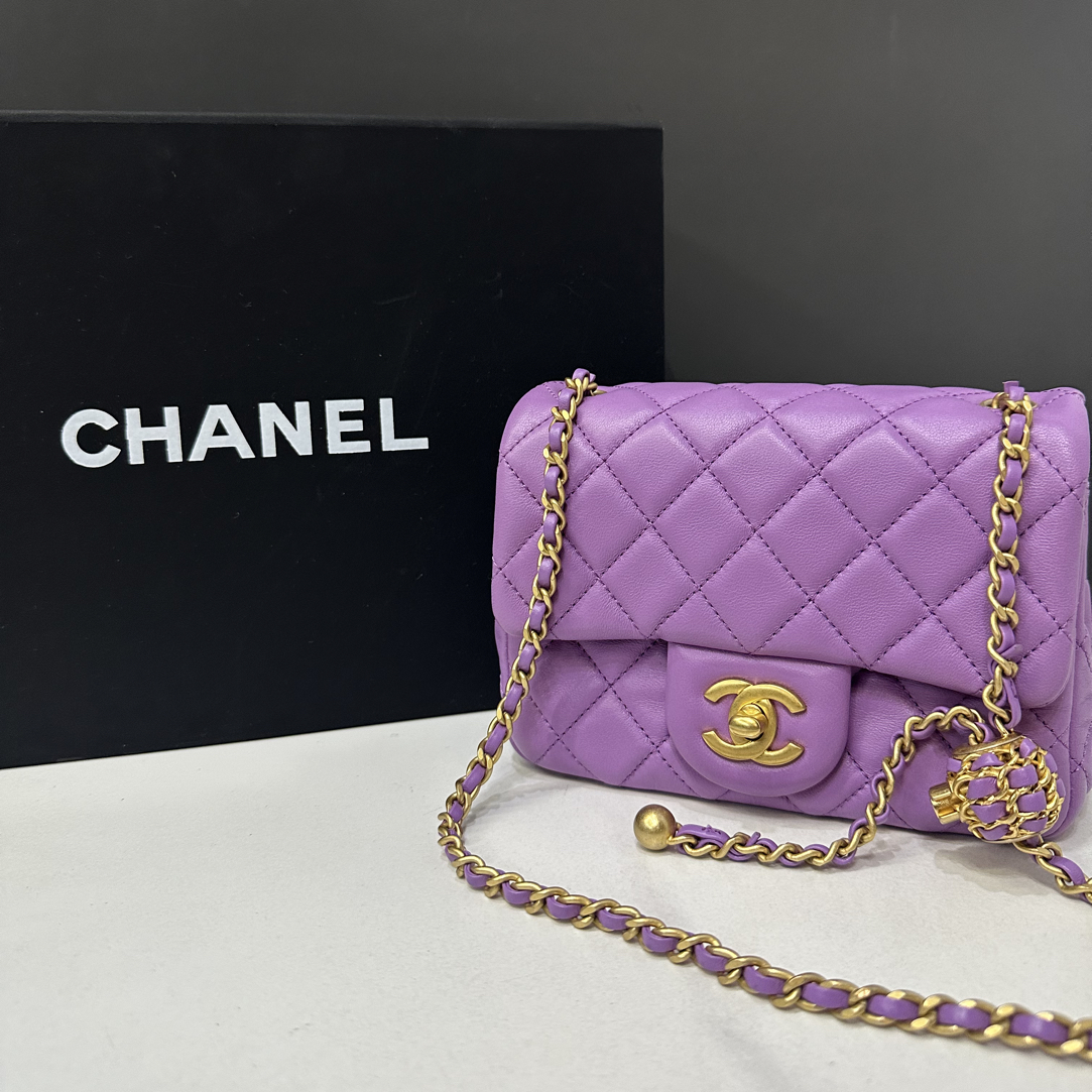 95新 Chanel/香奈儿 紫色核桃金球方胖子包芯片16cm/0135101502