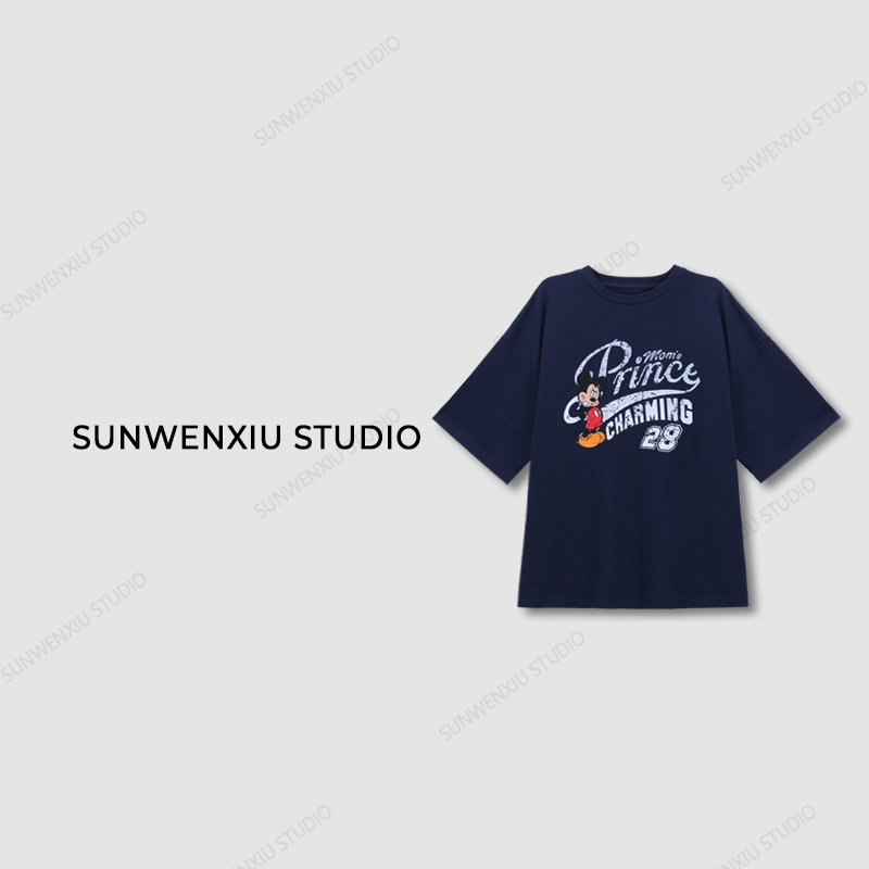 swx studio6店 “男友t”美式复古宽松大版米奇数码印花T