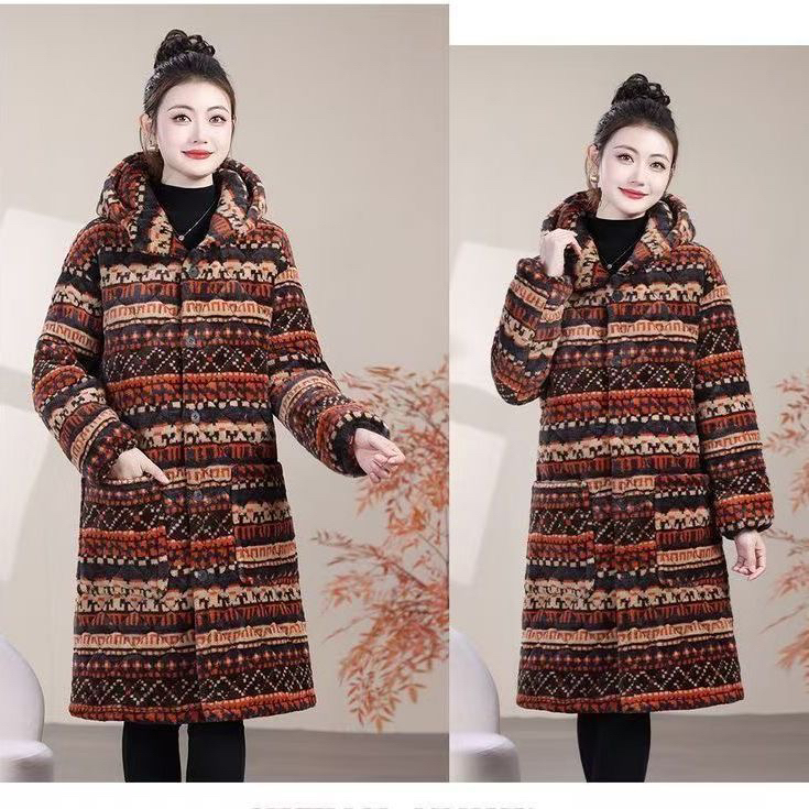 2026加厚保暖连帽宽松女士长款纽扣防风帽柔软舒服保暖外穿长图腾