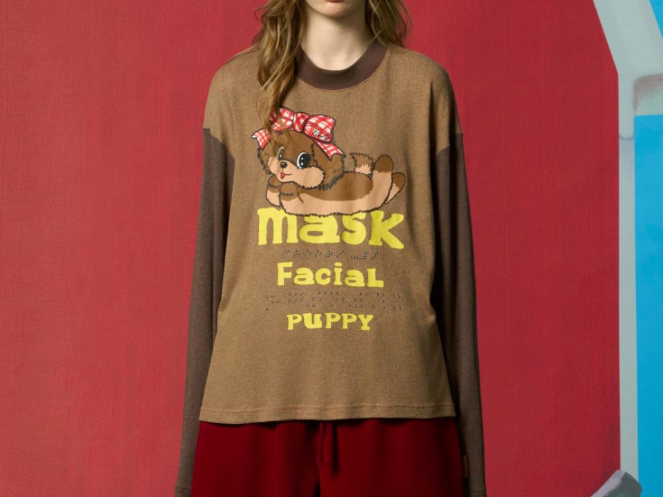 CHEERi UPi 26春款休闲宽松小狗拼色长袖圆领打底TEE