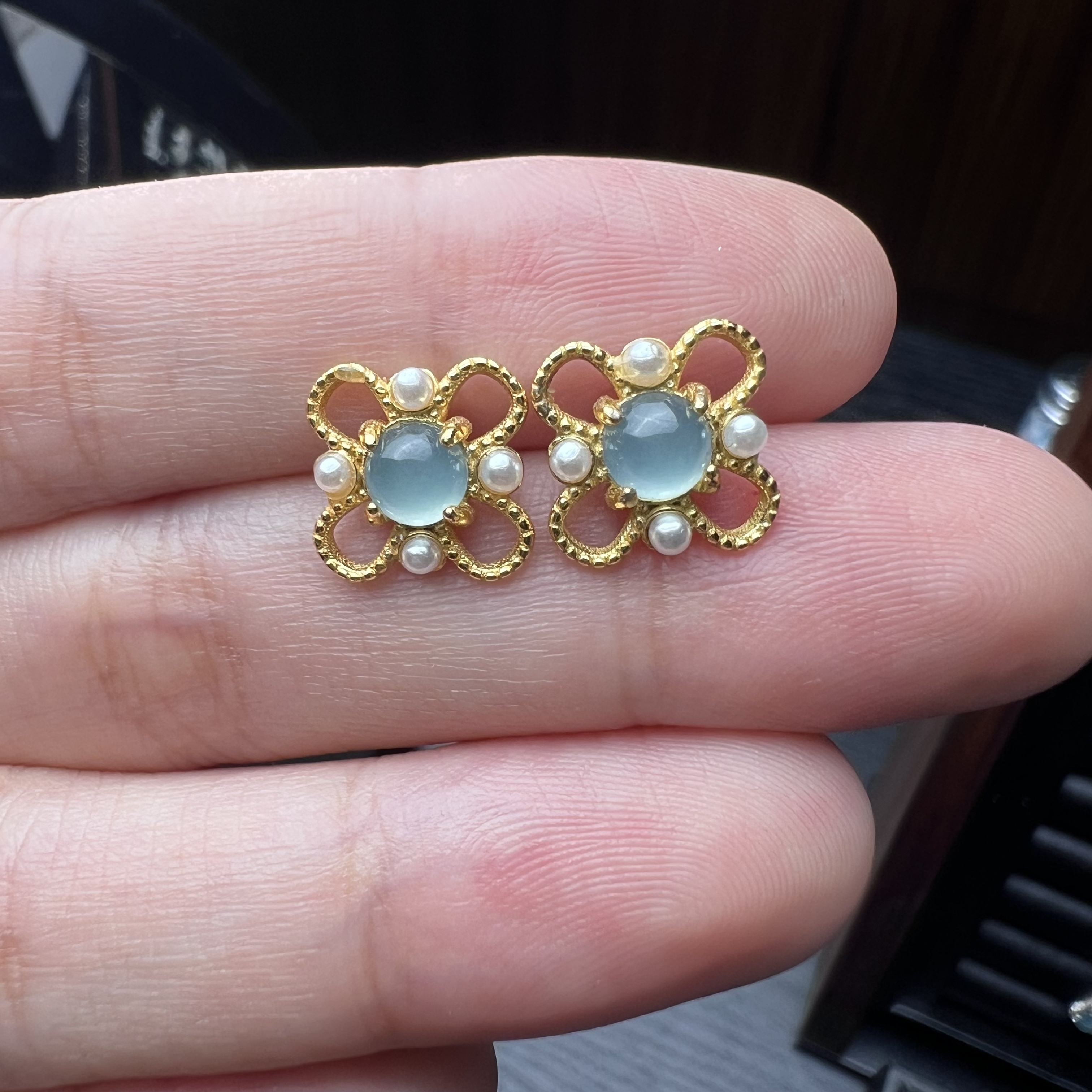 K【名玉】纯天然A货翡翠冰蓝银镀金设计款耳钉（17）