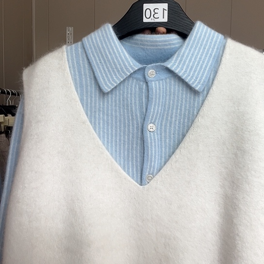 白色马甲和兰色条纹衬衫110