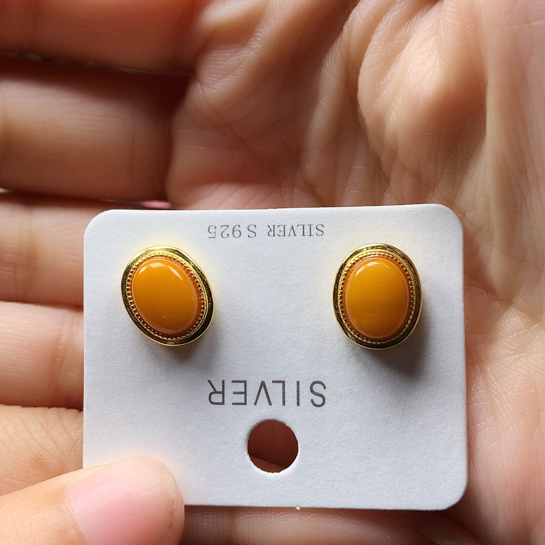 蜜蜡耳饰银S925镶嵌耳钉