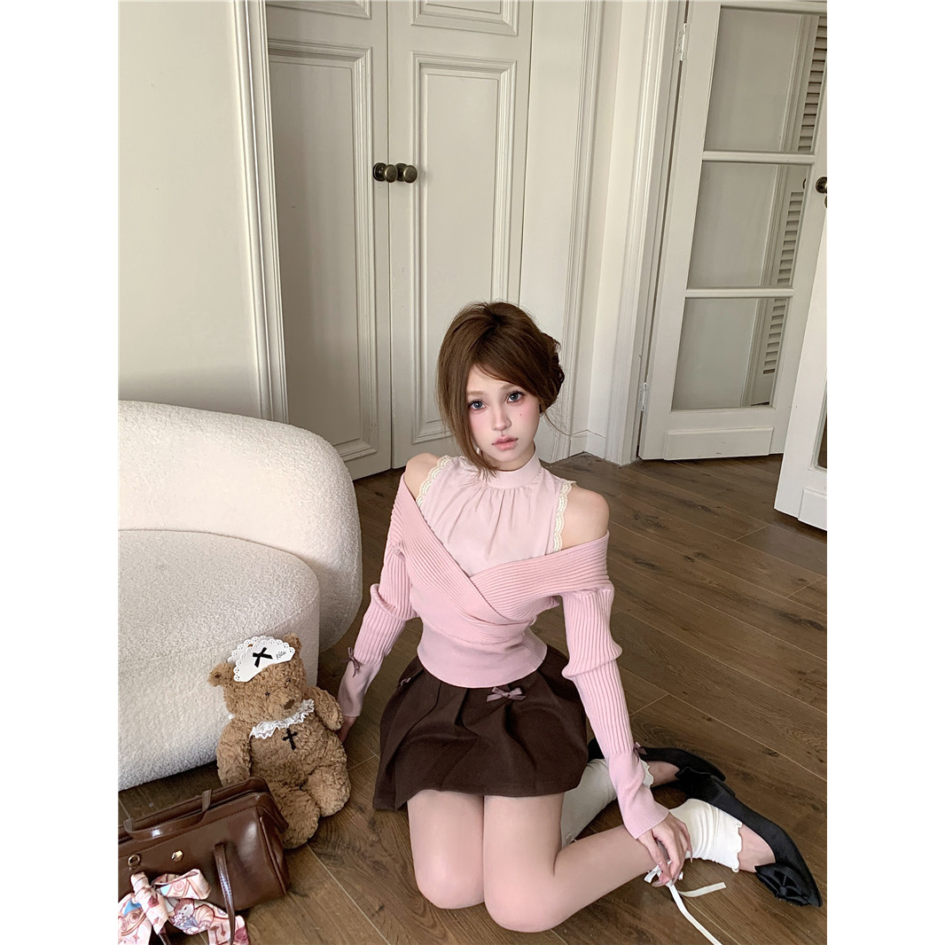 套装女2025早春新款气质甜美风假两件露肩上衣显瘦百褶半身短裙