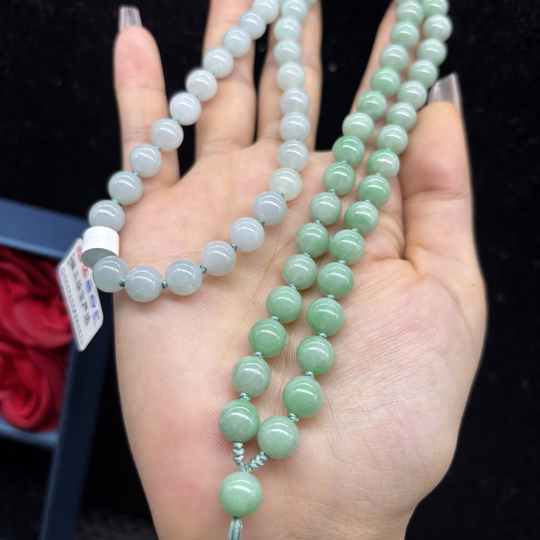 高端天然缅甸A货翡翠苹果绿色圆珠8mm玉石挂件绳毛衣链长链百搭款
