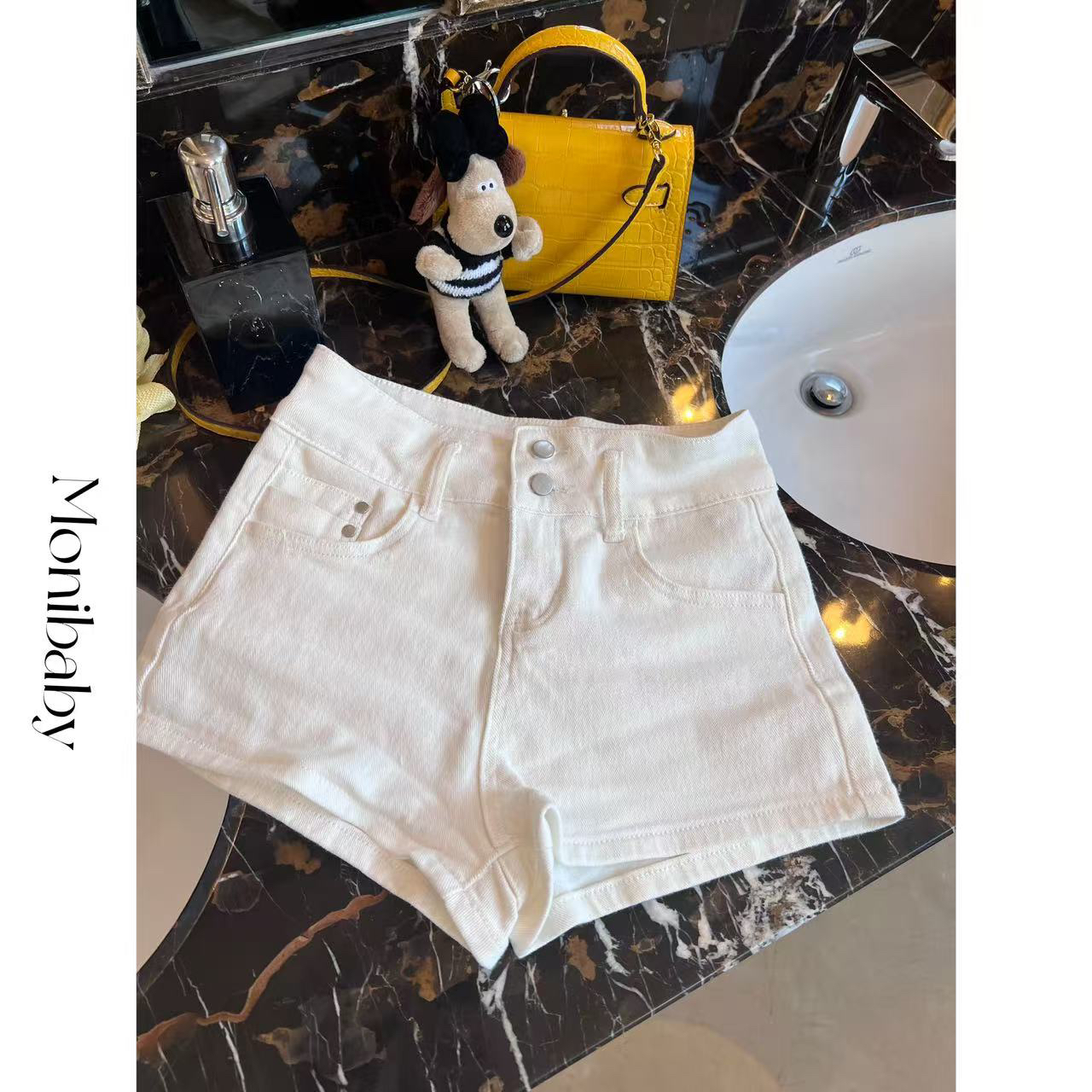 Moni【万能小白裤】时髦高腰两粒扣显瘦版型好牛仔短裤