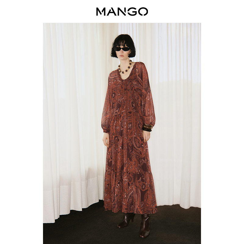 MANGO女装连衣裙2025秋装新款波西米亚风低领口印花灯笼袖长裙