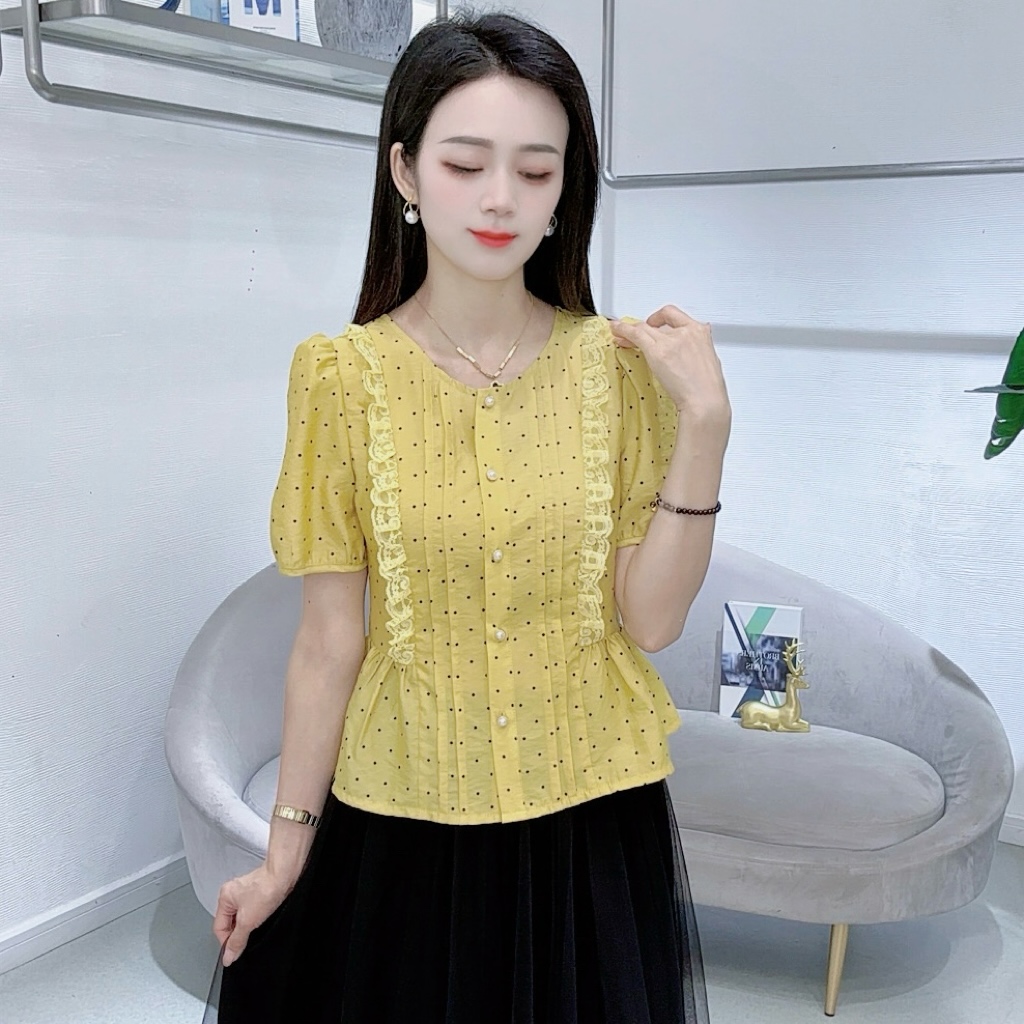 A8315法式圆领短袖衬衫女夏季新款时尚百搭气质显瘦小衫上衣