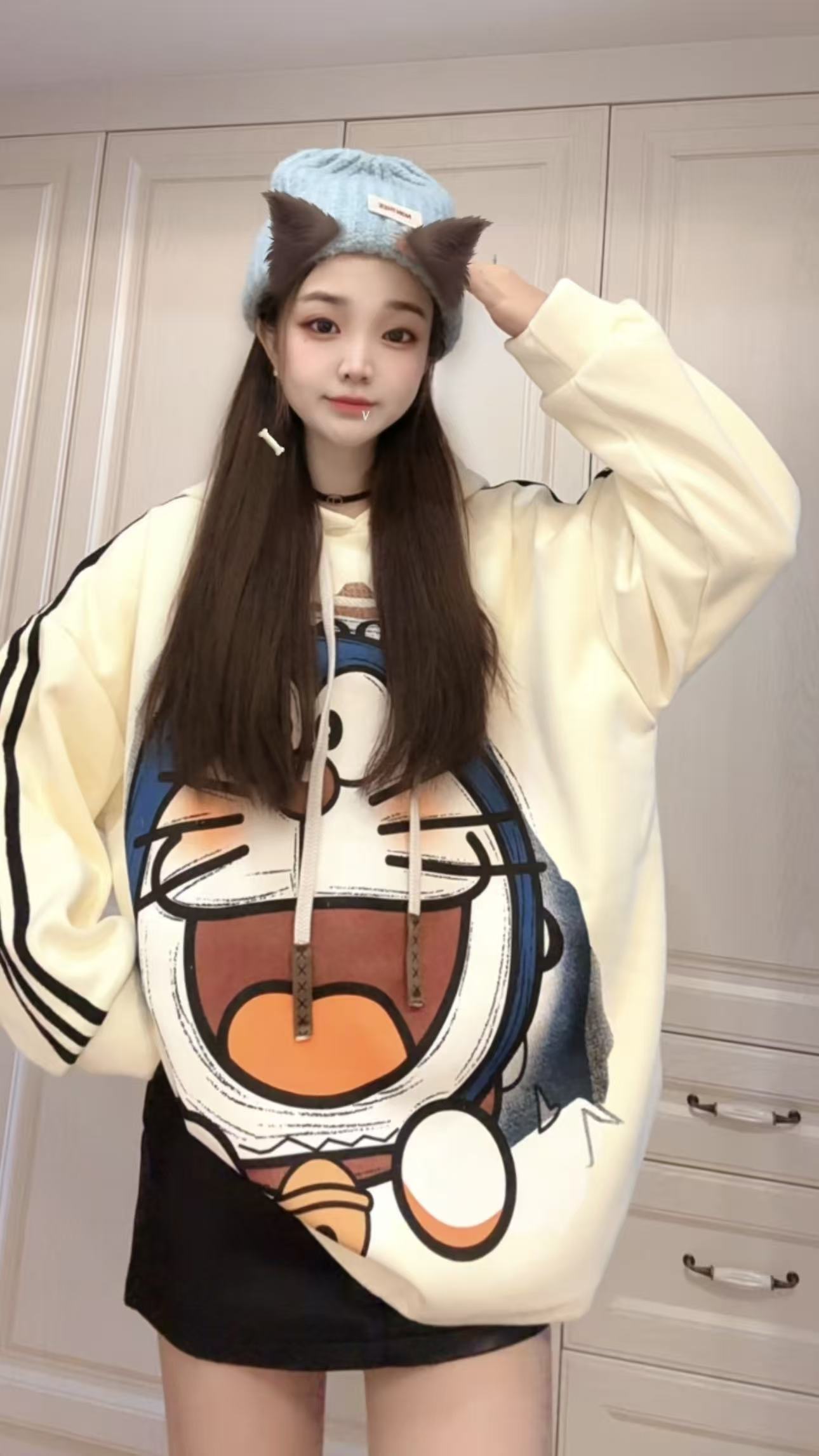 [391银狐绒连帽卫衣]奶黄色叮当猫三拉杠男女通穿加绒连帽卫衣