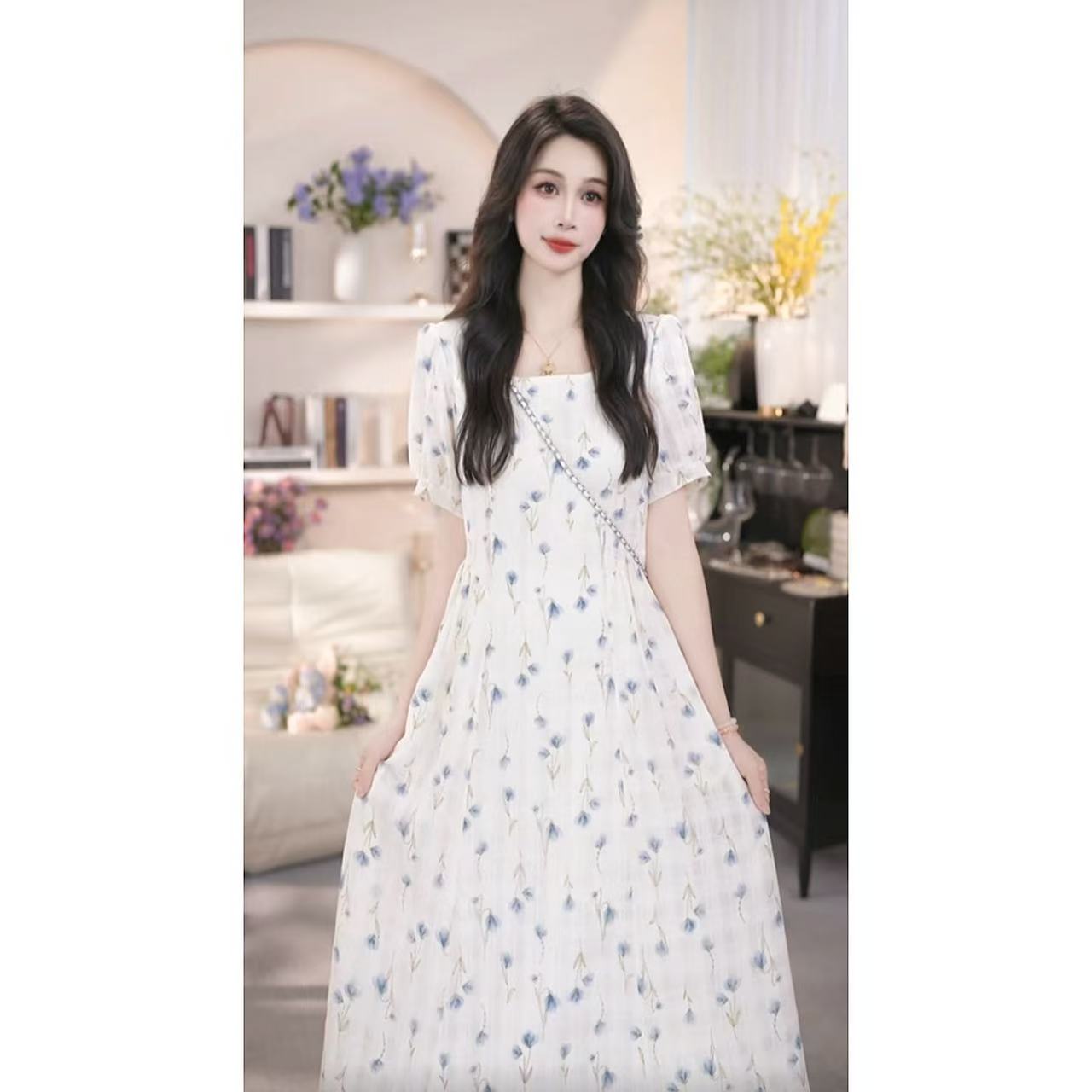 【有口袋】蓝色法式方领碎花连衣裙女夏季高级修身显瘦气质长裙1506