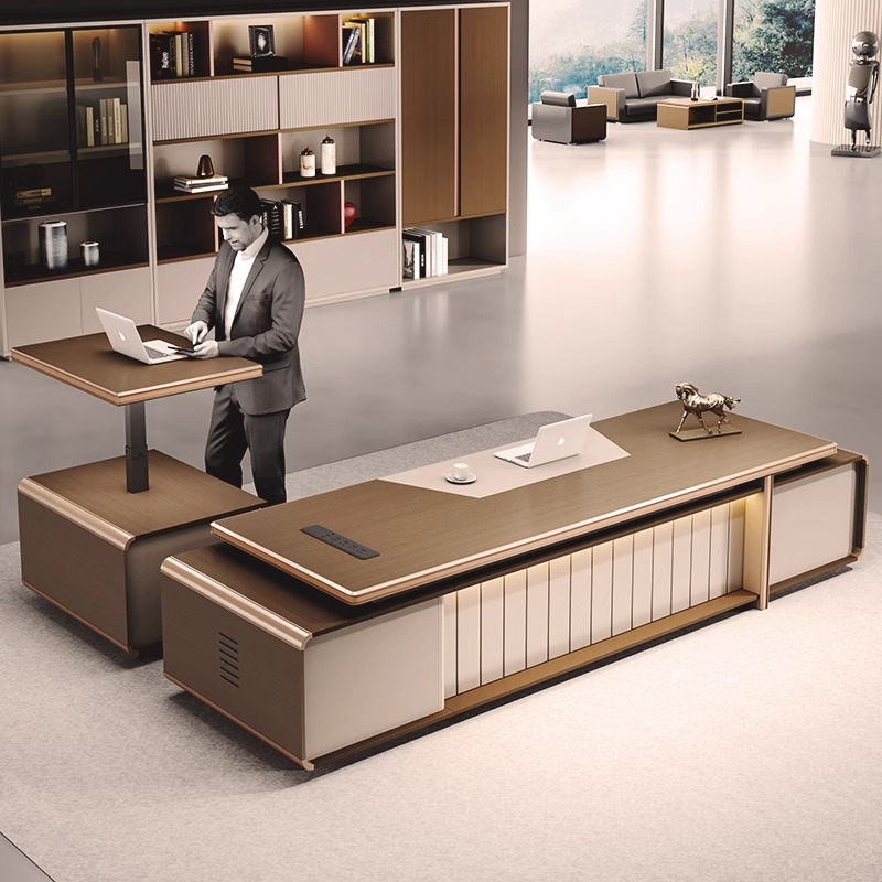 升降老板桌简约总裁桌轻奢现代办公室大班台高端办公桌椅组合
