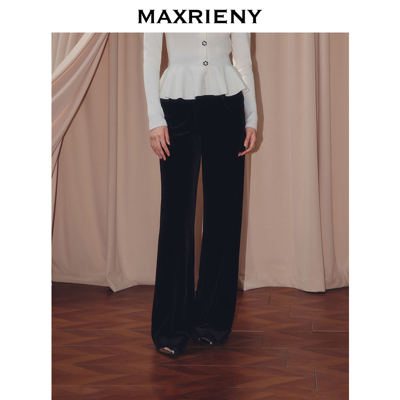 MAXRIENY软实力风穿搭弹力丝绒长裤25秋款通勤压褶休闲阔腿裤女