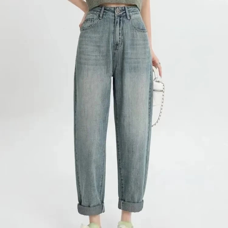 335 秋季新款高腰水洗哈伦牛仔裤时尚百搭宽松显瘦