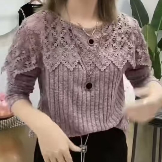 秋冬季新款针织磨毛显瘦上衣时尚女装蕾丝拼接打底衫