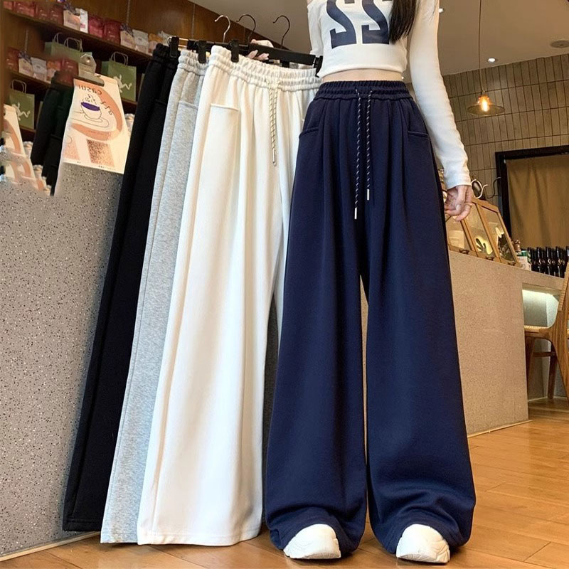 藏青色阔腿裤女春秋松紧腰抽绳秋季宽松显瘦垂感卫裤显瘦运动裤子