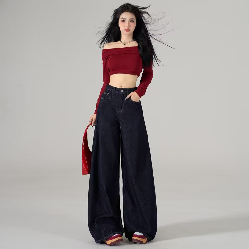 深蓝色复古垂感阔腿牛仔裤女2025爆款高腰宽松休闲直筒拖地长裤子