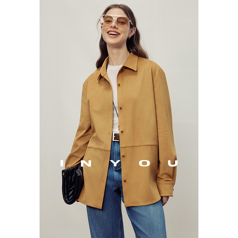 極简复古麂皮摩登时尚衬衫半身裙套装