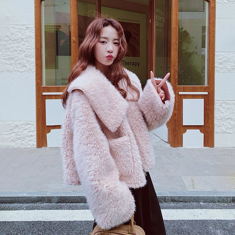 人造皮草 流浪北欧/海军领雾霾粉环保皮草女冬季保暖短毛毛外套女