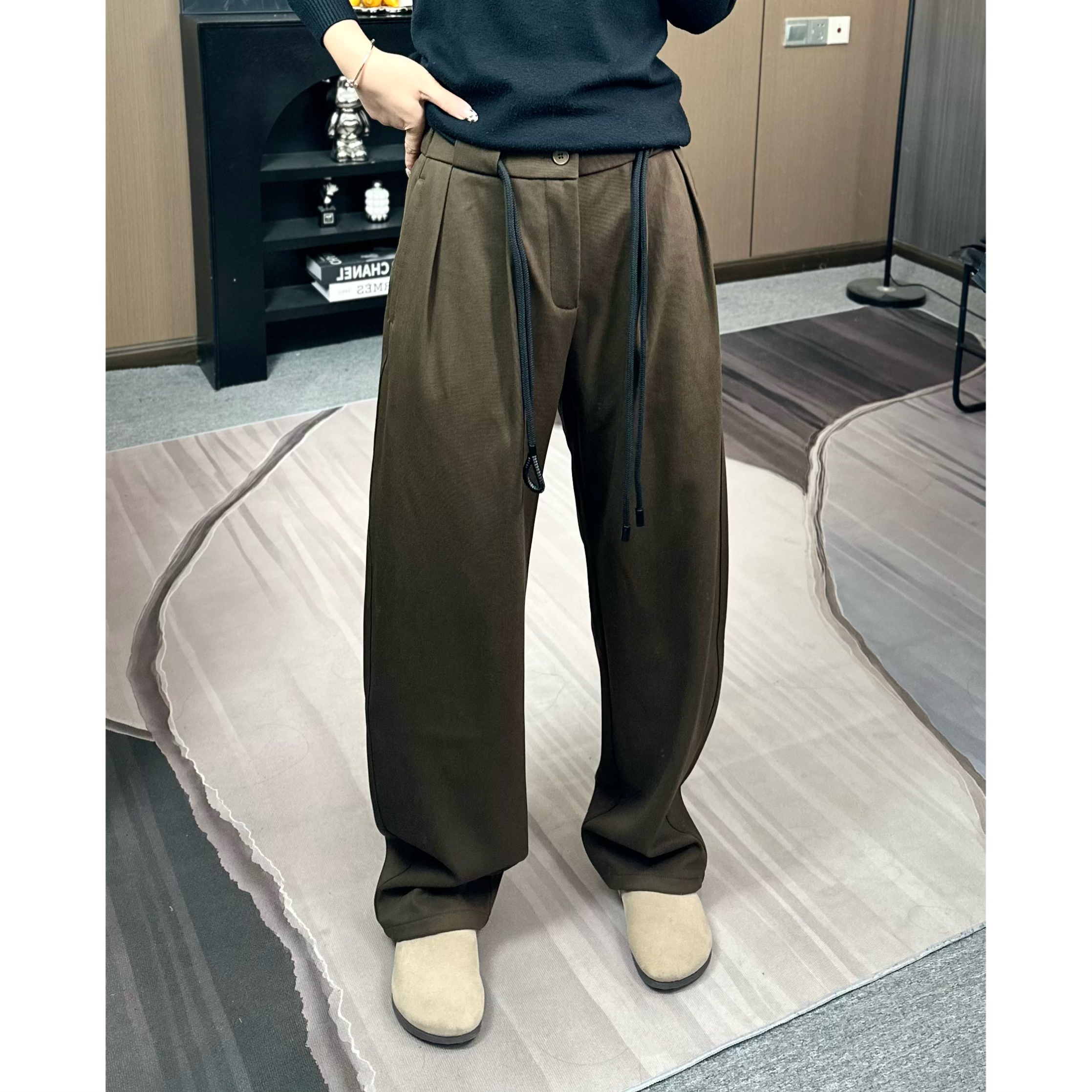 高品质莱赛尔醋酸羊毛百搭设计感气质直筒弯刀垂感抽绳西装长裤子