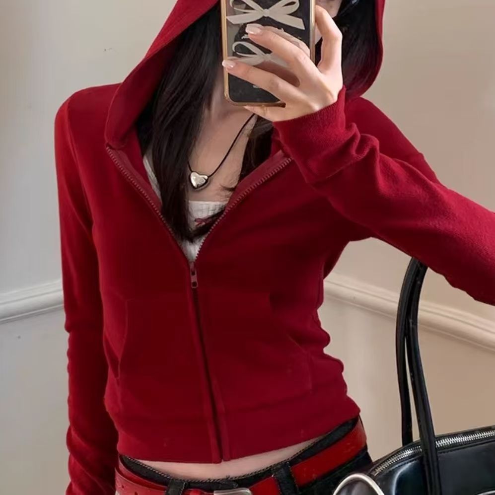 红色短款拉链连帽外套女春秋季新款甜辣显瘦时尚别致长袖2025上衣