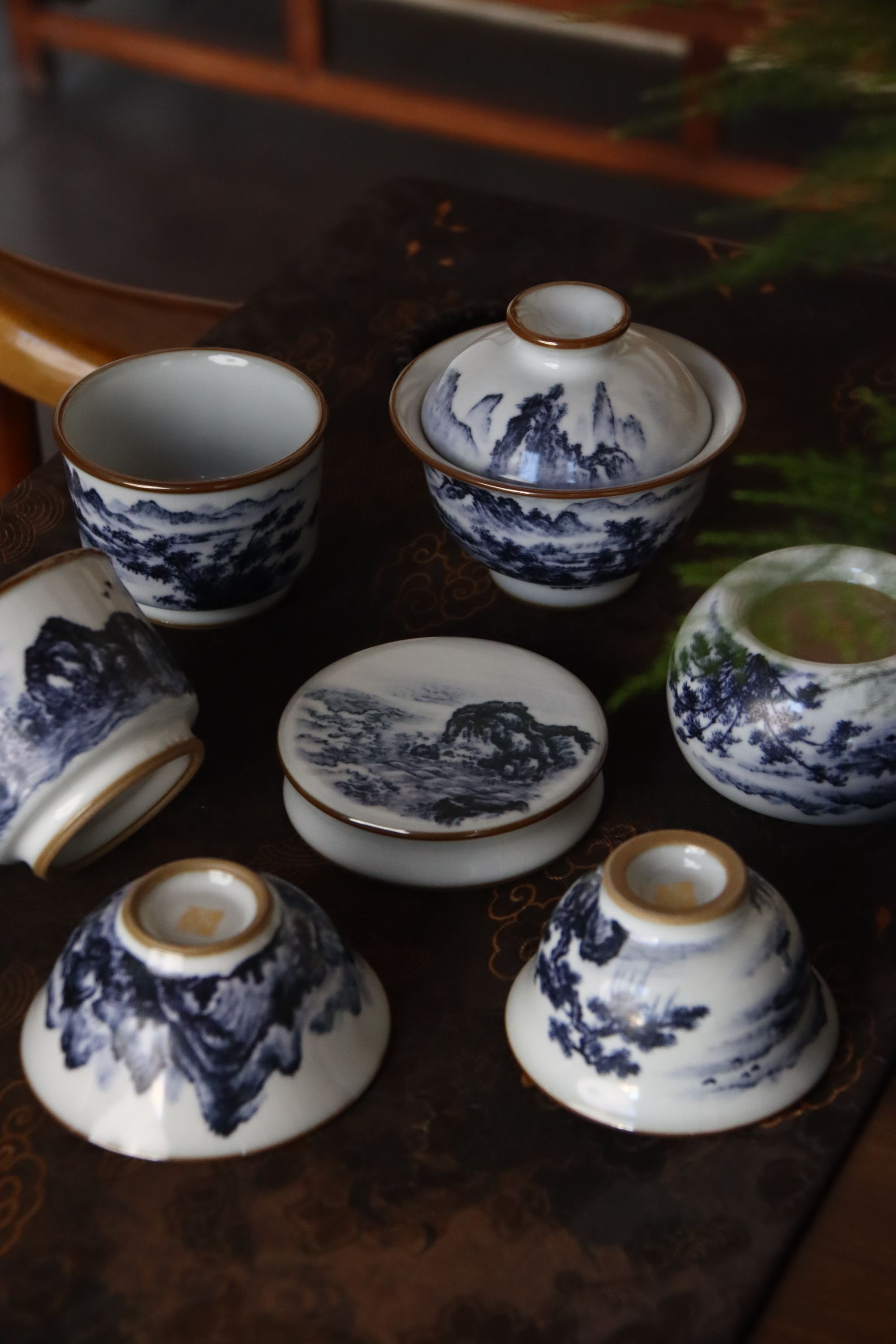 景德镇汝窑月白青花山水套组主人杯纯手工手绘盖置