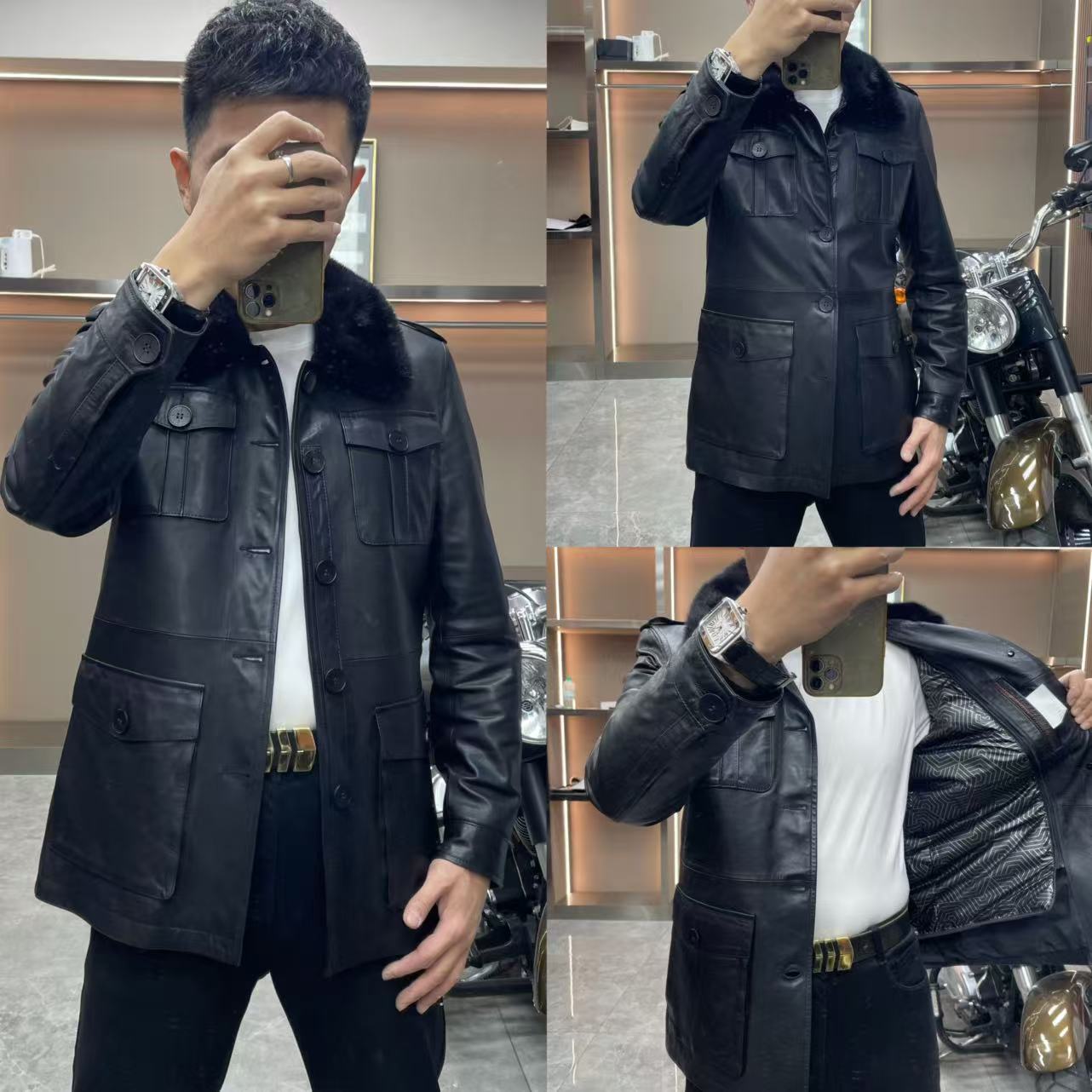 山羊皮男士貂领羽绒内胆收腰中长款皮衣328