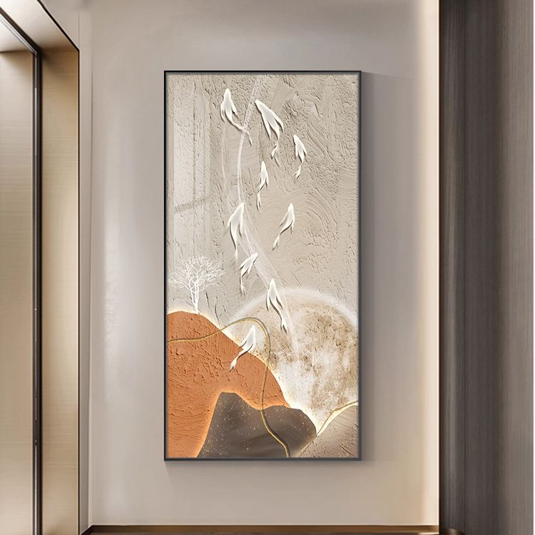 九鱼图玄关装饰画现代简约走廊过道挂画侘寂风入户门竖款装饰壁画