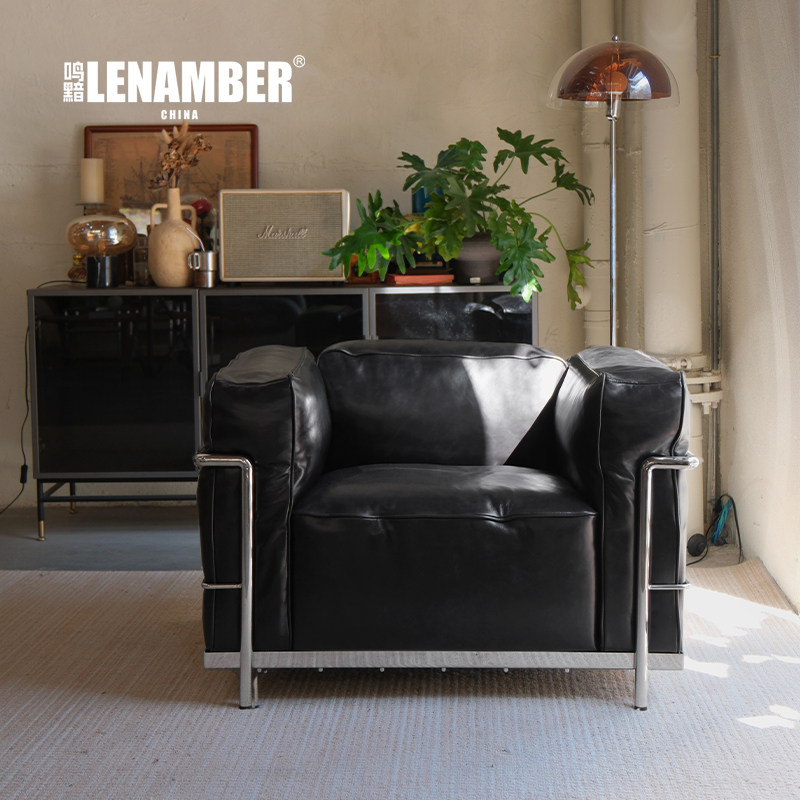 鸣黯家用沙发包豪斯皮沙发轻奢单人简约复古北欧黑沙发小户型客厅