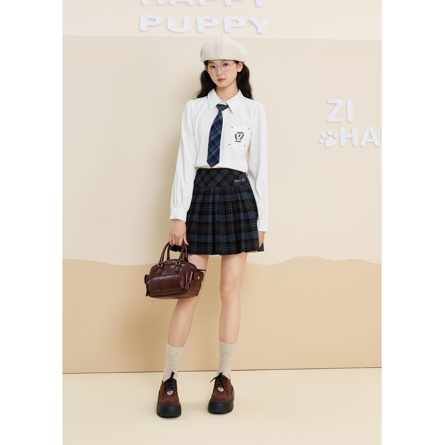 紫涵宽腰格纹百褶裙25冬季新款学院风刺绣高腰a字裙Z5Z11AS335