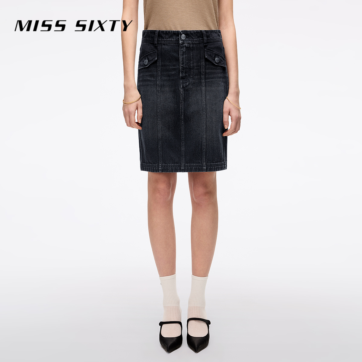 【进口牛仔面料】Miss Sixty2025夏季新款牛仔半裙女复古开衩直筒