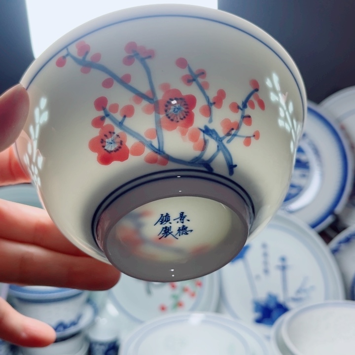 青花玲珑5寸饭碗手绘喜上眉梢