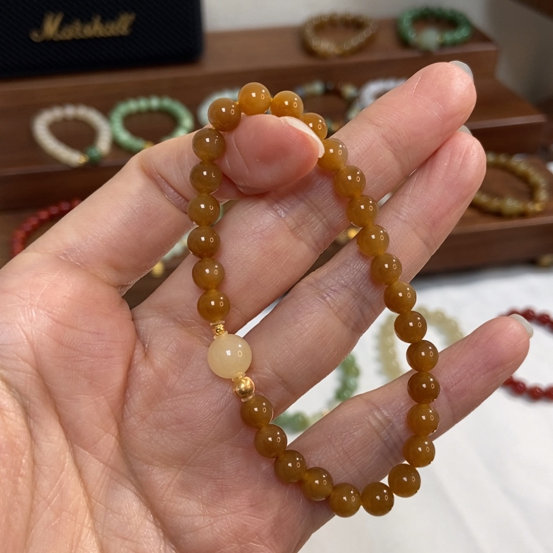 和田玉18K金镶嵌手链6mm且末糖