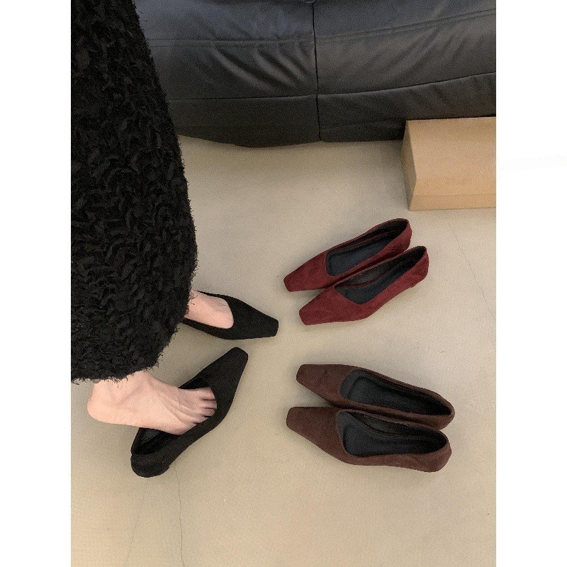 法式通勤职业红色中跟单鞋女2025新款秋季绒面小方头粗跟低跟鞋子