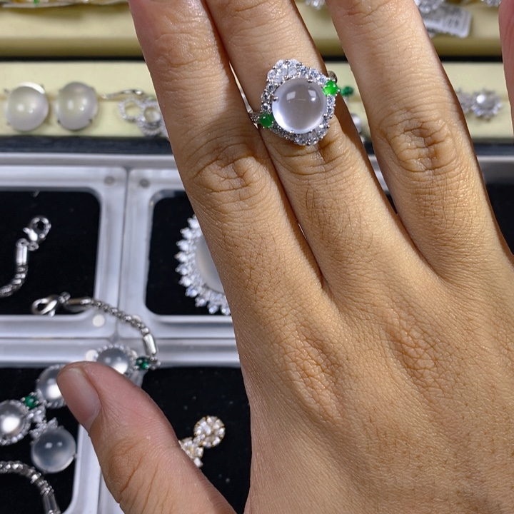 微***卡石英质玉银S925镶嵌戒指