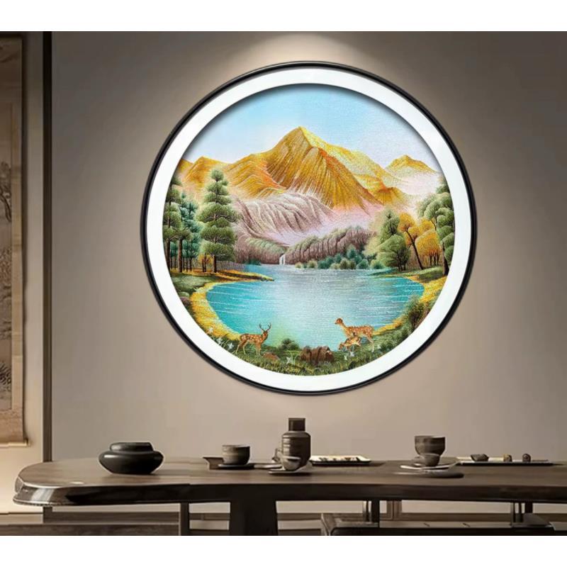 织锦绣花开富贵餐厅画新中式客厅饭厅装饰画圆形实木高端绣成品画