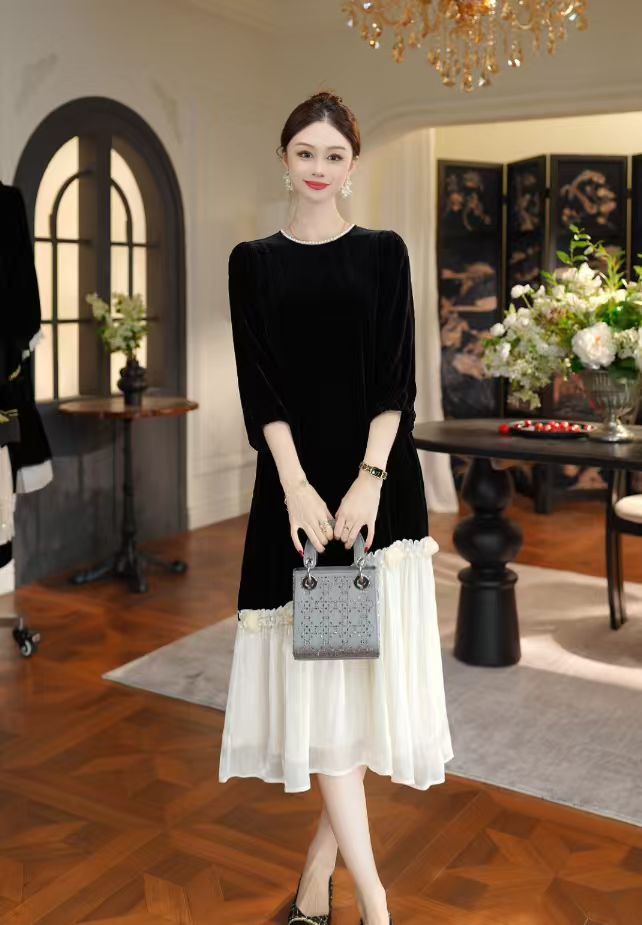 EV.【原创设计】100%桑蚕丝V领子简约显瘦百搭连衣裙YX10152