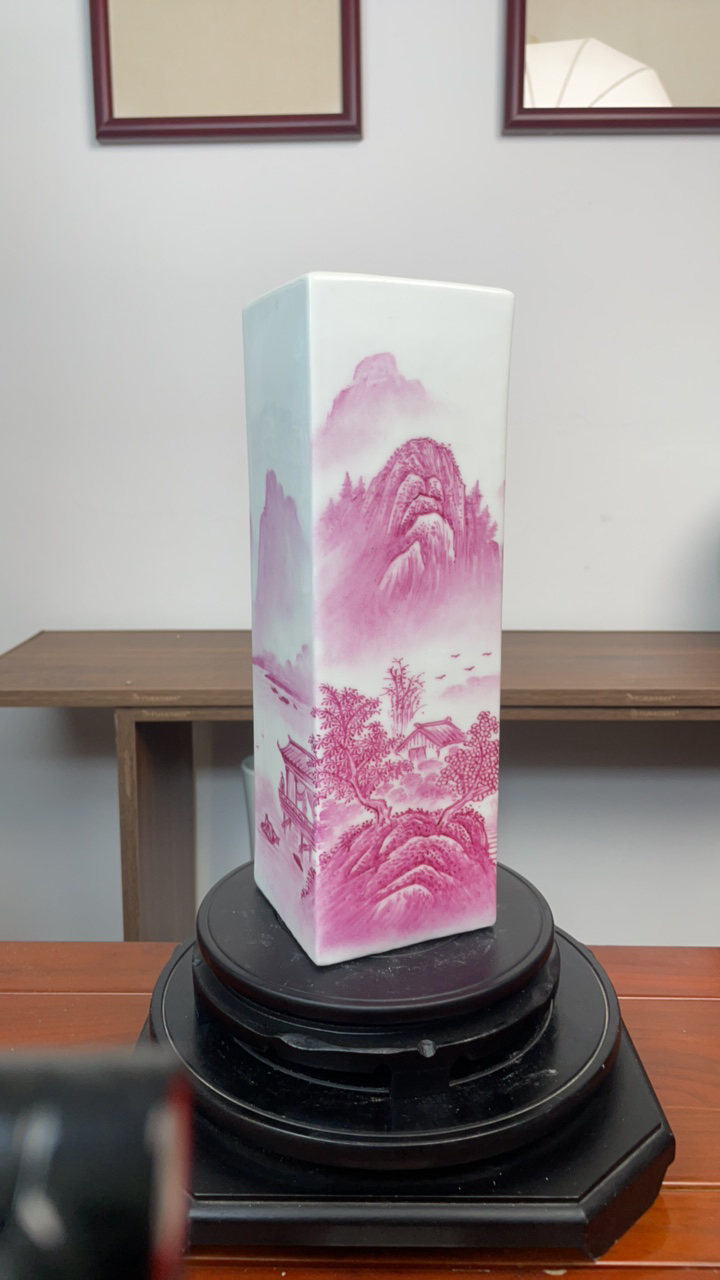 手绘手工玛脑红山水四方相器瓶工艺品中式电视柜精美夜光花瓶玄关