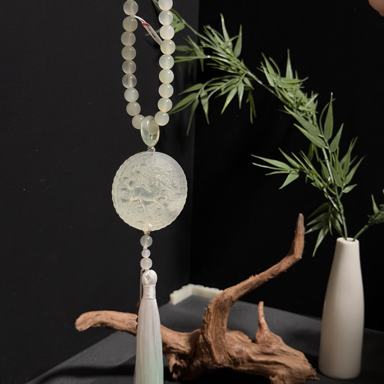 岫玉白冰双面手工车挂麒麟玉佩腰间流苏挂件男女手持礼物