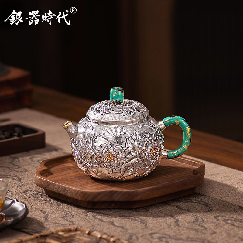 银器时代 银壶足银999泡茶壶银精工浮雕富贵牡丹茶壶泡茶家用