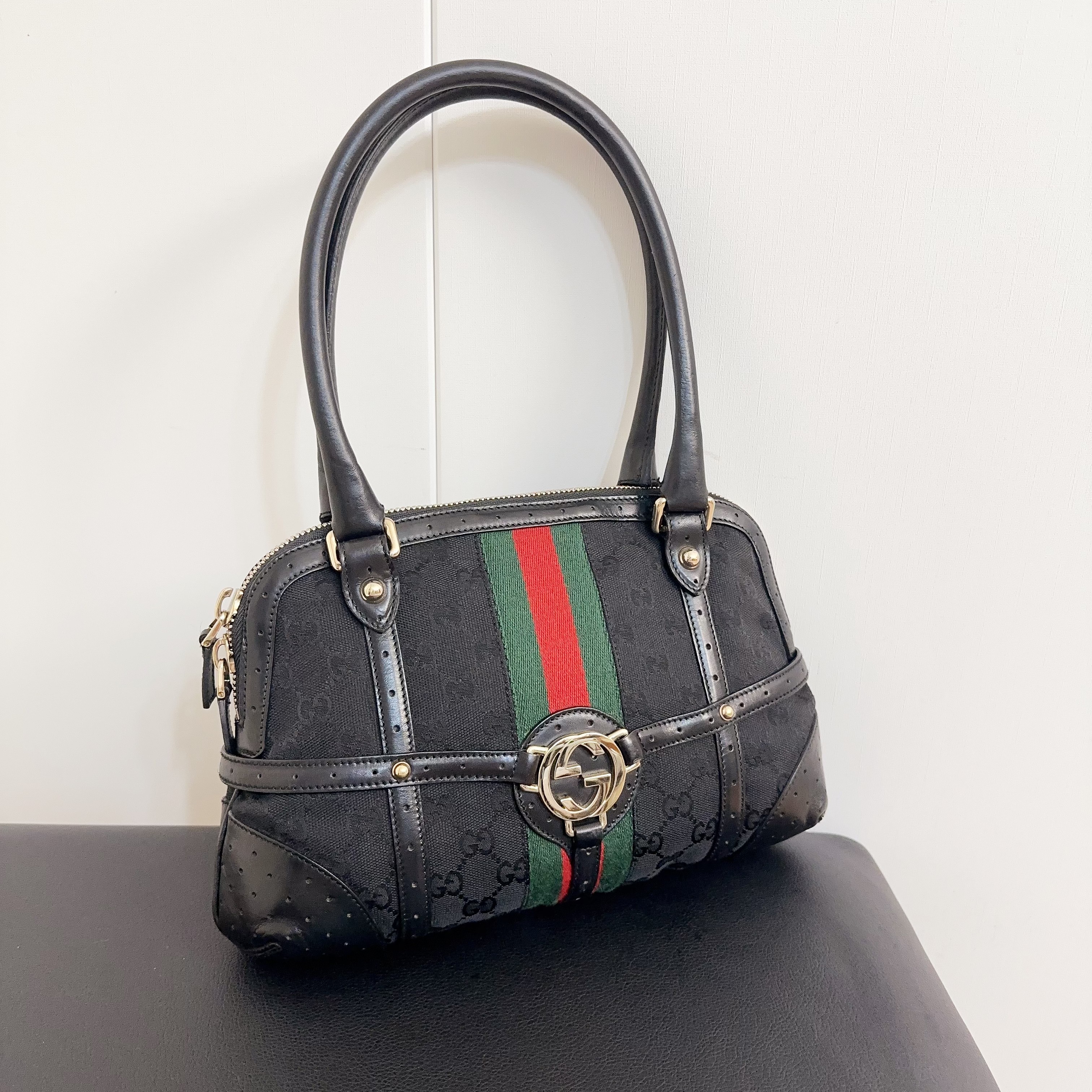 95新 GUCCI/古驰 gucci黑色老花布面op系列手提托特包90311322